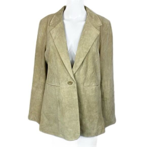 90s Vintage Suede Leather Blazer Jacket Light Tan Neutral Denim & Co Large - Picture 1 of 9